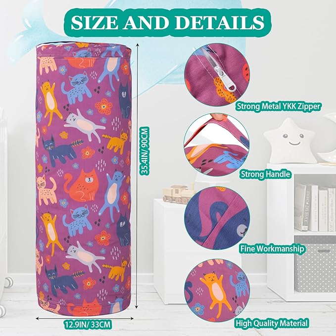 Stuffed Animal Bean Bag Storage Chair for Kids Cover Only (No Filler), Organize, Sit, Play & Boxing, 100% Cotton Canvas Washable, Ultra Soft Cylinder Long Vertical Zipper Best Gift for Child