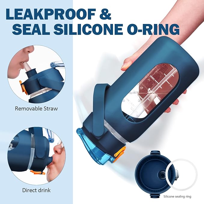 kytffu 56oz Glass Water Bottles with Straw, Motivational Glass Bottle with Silicone Sleeve and Time Marker, Leakproof Large Glass Water Jug for Gym Home Office,Blue