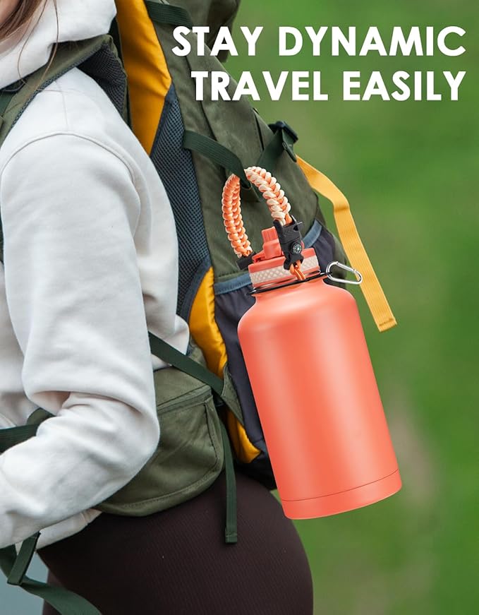64 OZ Insulated Water Bottle - Half Gallon Water Bottle with Straw, Auto Spout Lid, Protective Boot & Paracord Handle, Stainless Steel 1/2 Gallon Jug Wide Mouth, Keep Cold 48H & Hot 24H