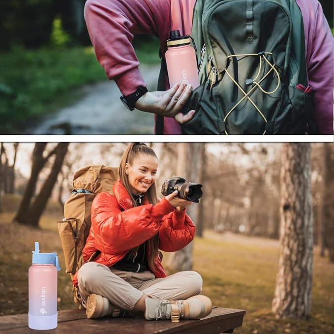 Water Bottle 32oz, Triple Walled Insulated Stainless Steel Reusable Bottle, Silicone Sleeve, Cleaning Brush, 2 Lids (Spout lid & Straw lid w/2 straw), Metal Mug Gallon, BPA Free, Pinky