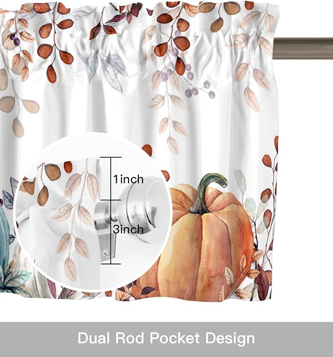 Fall Thanksgiving Kitchen Curtains Valances for Windows Watercolor Autumn Pumpkins Eucalyptus Leaves Rod Pocket Window Treatment for Kitchen /Living Room/Bedroom/ Bathroom,42" X 18", Blue Orange