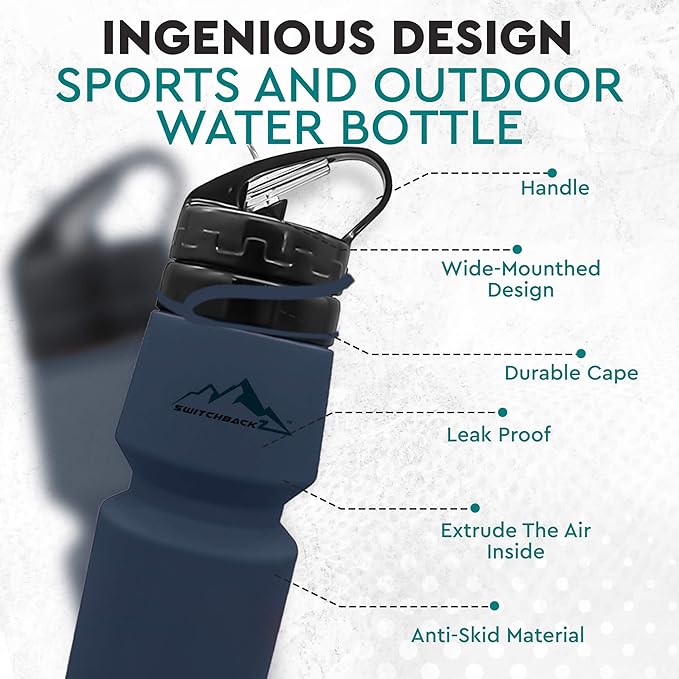 Collapsible Water Bottle (25Oz) - BPA Free Silicone Space Saving Collapse Water Bottle W/ Removable Straw | Temperature Resistant Collapsible Water Bottles For Travel And Rugged Outdoor Activities