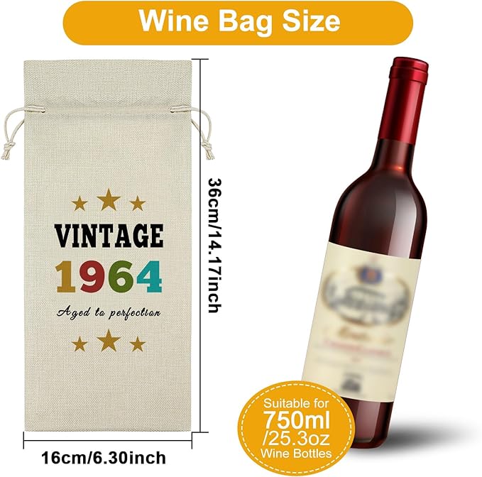 Sazuwu Vintage 1964 Gifts for Women Men Wine Bag Happy 60th Birthday Mom Gifts 60 Year Old Birthday Gifts for Dad Wine Accessories Gifts for Wine Lovers Turning 60 Gifts for Grandma Grandpa