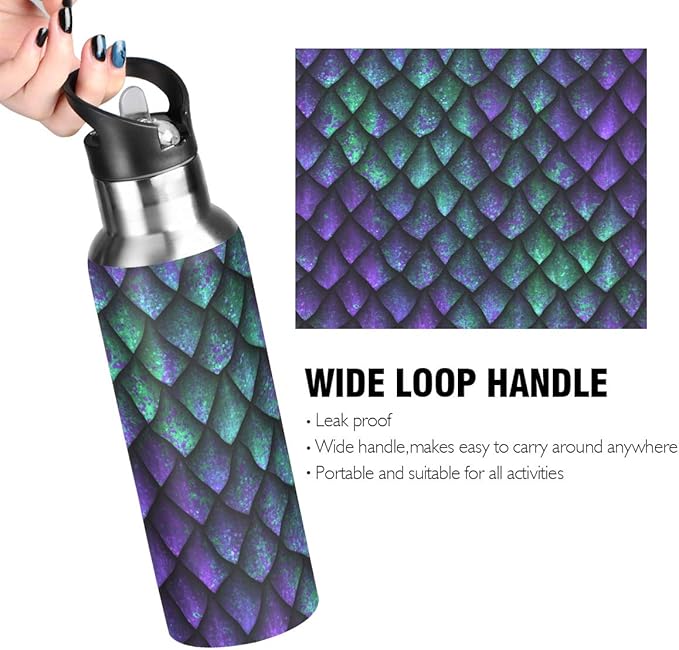Dragon Scales Texture Stainless Steel Water Bottle with Straw, BPA Free Reusable Leakproof Water Jug for Fitness Camping Outdoor Sports