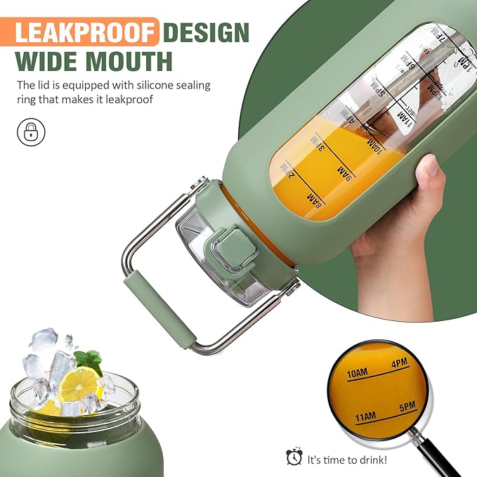 kytffu 64 oz Glass Water Bottle with Straw and Stainless Steel Handle, Half Gallon Water Bottle with Silicone Sleeve and Time Marker, 2L Large Glass Bottle for Gym, School, Travel, Leak-proof (olive)