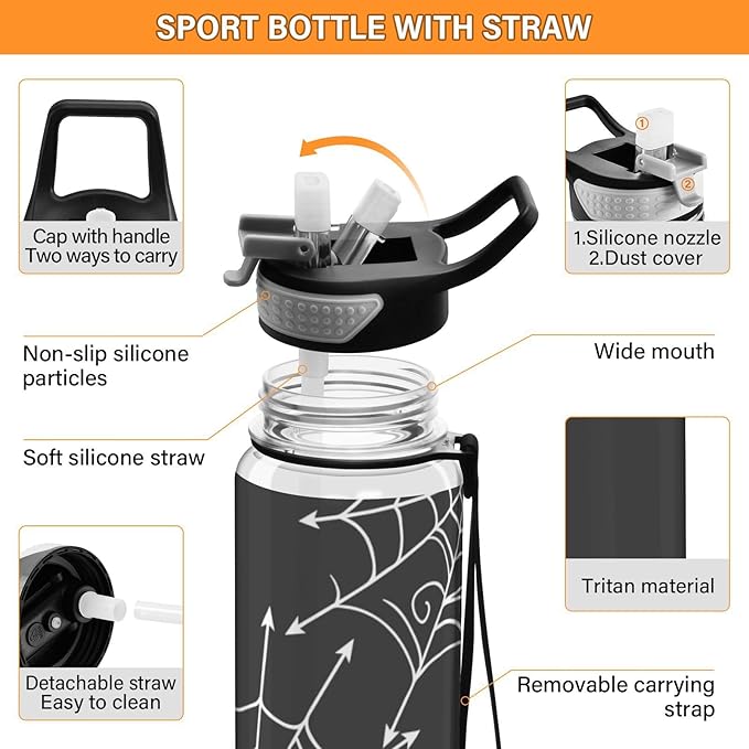 Water Bottle with Straw Spiderweb Halloween Sports Bottles BPA-Free Tritan Black Water Jug with Carrying Strap for Women Men Gym Outdoor Sports
