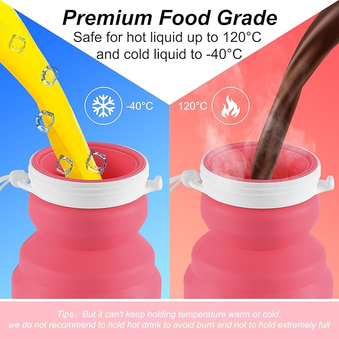 THAIOXYH® Collapsible Water Bottles 11 oz（320ml） Reuseable Foldable Portable BPA Free Silicone Collapsible Water Bottles for Traveling Hiking Camping Sports (pink)…