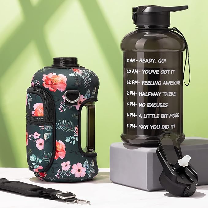 Fimibuke Half Gallon Water Bottle with Sleeve 64 OZ Water Bottle with Handle & Straw Leakproof Motivational Sports Gym Water Bottle with Time Marker BPA Free Water Jug with Reusable Neoprene Holder