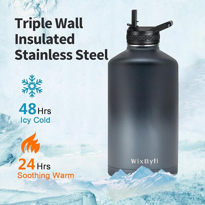 One Gallon Water Bottle Insulated with DIY Stickers, Triple Wall Vacuum Cold for 48 Hrs Leak-proof Non-BPA, 128oz Large Sports Stainless Steel Water Jug with Paracord Handle Straw Spout Lids