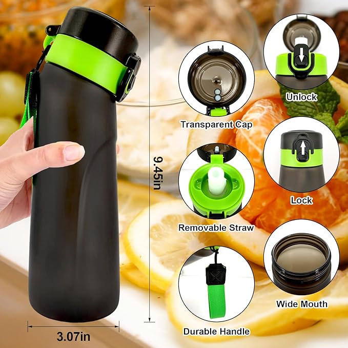 Air Water Bottle, Air Water Bottle with 5 Flavor Pods,750ml Scented Sports Water Bottle Set with Flavour Pods, 0 Sugar No BPA for Schools, Gym, Outdoor Sports (Black green + 5 pods)