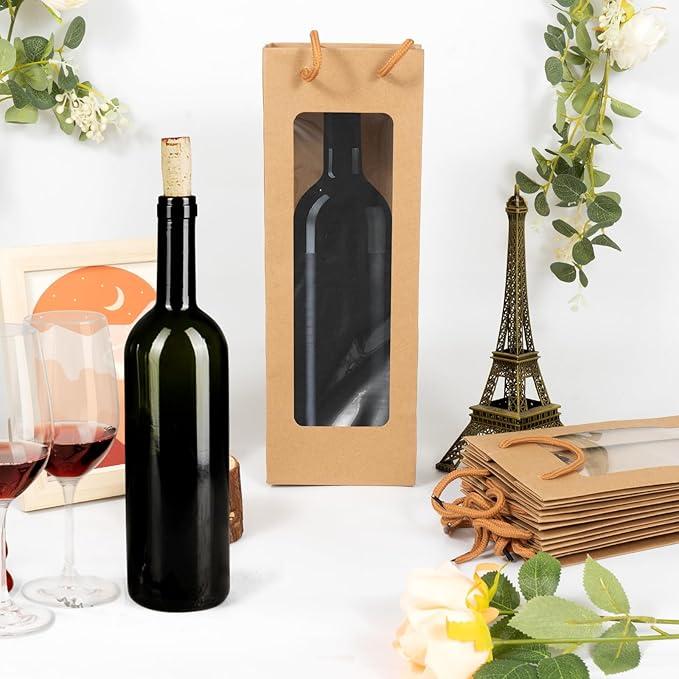 Cyblinia 20 Pack Wine Gift Bags with Window 4.9 x 3.6 x 14.2 Inch Paper Wine Bags Wine Carrier Bags Shopping Bags with Handle for Wine Bottle and Gifts，Wedding, Birthday, Christmas