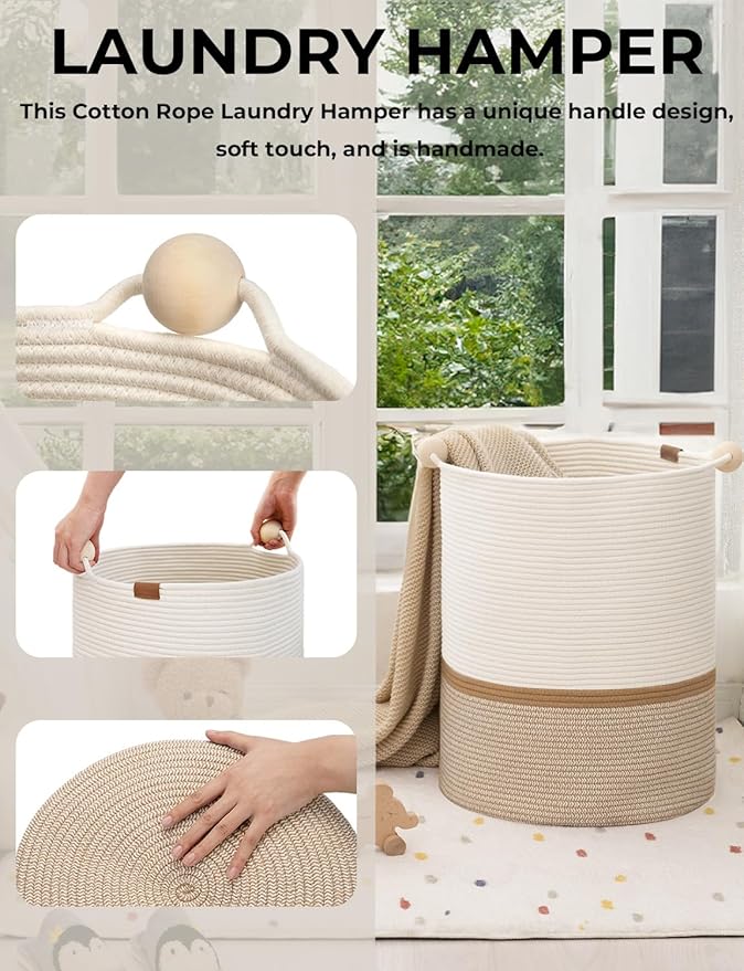 StorageWorks 58L Cotton Rope Laundry Basket with Wooden Beads Handles, Woven Basket for Storage, Dirty Clothes, Kids Toys, Towels, White & Khaki
