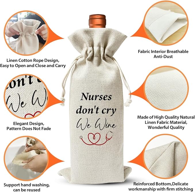 Nurse Don't Cry We Wine, Nursing School Graduation Gift Wine Bag, Med School Graduation Party Decoration Favors, Nurse Survival Kit Bag, Nurse Day Nurse Week Gift Bag For Women, Linen Wine Bag