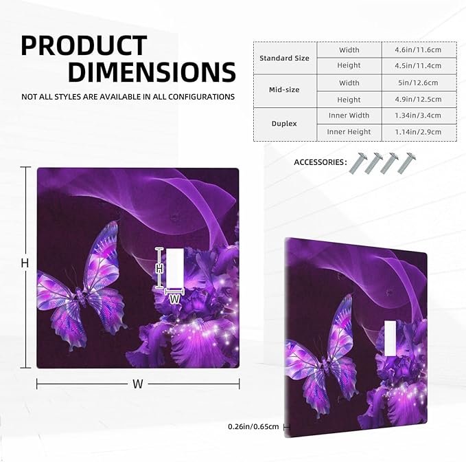 Purple Butterfly Flower Combo Single Blank 1 Single Toggle Light Switch Wall Plate Cover Decorative 2-Gang for Electrical Girls Room Bathroom Bedroom Home Kitchen One Receptacle 4.5" x 4.6"
