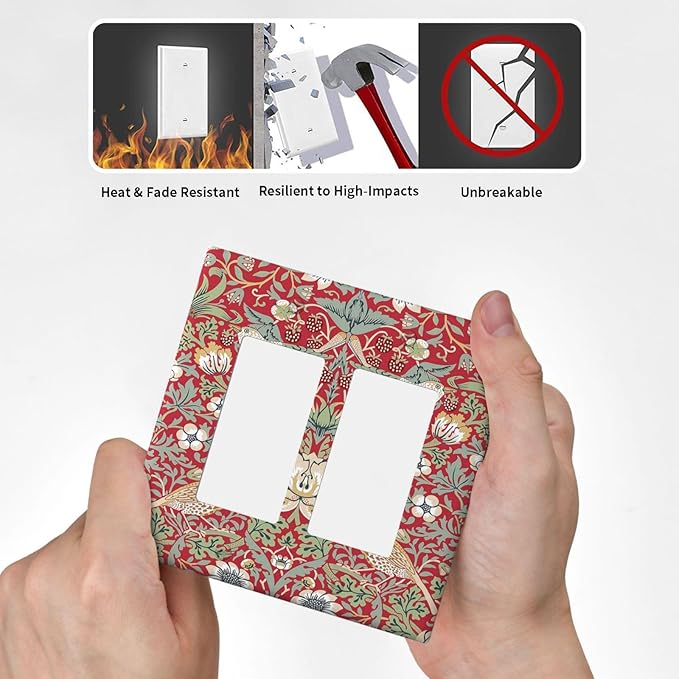 William Morris Strawberry Thief Botanical Red Green 2 Gang Rocker Decora Light Switch Covers Dual Outlet Covers Wall Plate Decorative Switchplate Electrical Faceplate GFCI for Country Bedroom