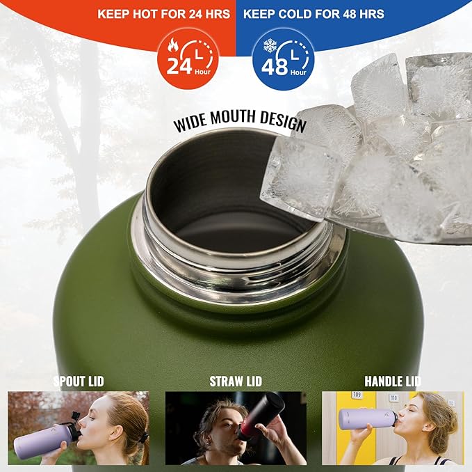 NATURE PIONEOR Tactical Water Bottle with Carrying Molle Sleeve, Stainless Steel 18/8 Food Grade Half Gallon Jug