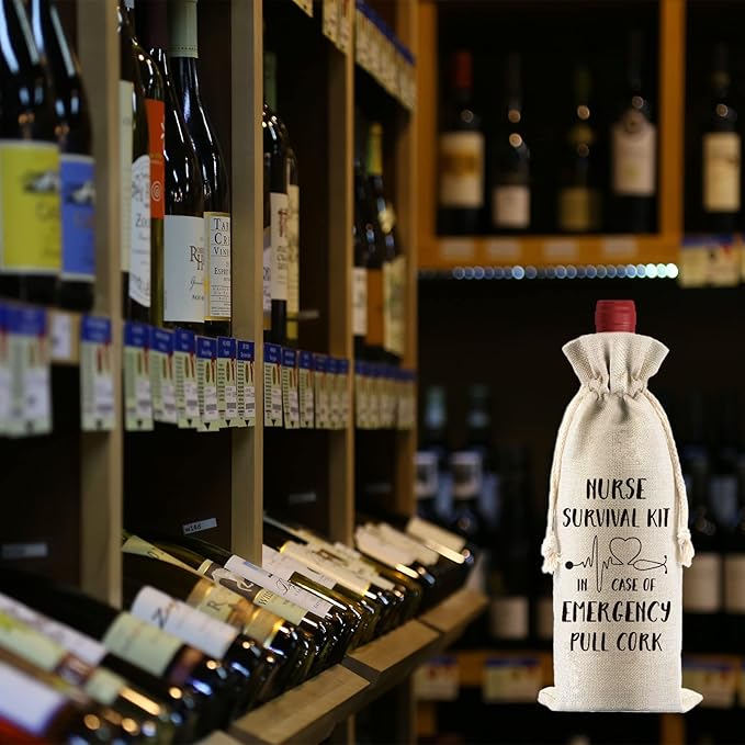 PLIGREAT 4 Pcs Cotton Linen Wine Bags, Reusable Wine Gift Bags with Drawstrings, Wine Bottle Bags Bulk Congrats Gifts Bags for Nurses Thanksgiving Christmas Gifts Bags, Fun Quotes Wine Bag