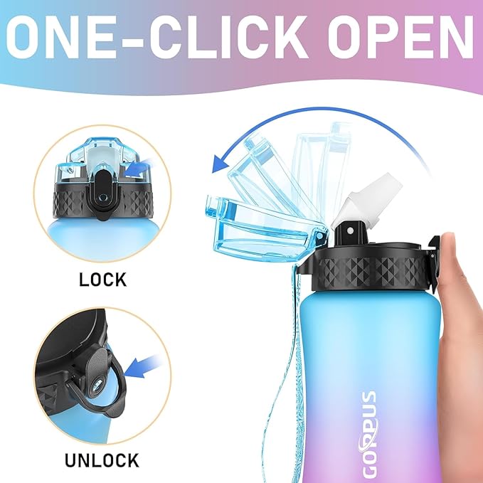 GOPPUS Kids Water Bottle with Straw Spout Lid 10pcs Stickers 12 oz Leak-proof BPA Free Motivational Time Marker Tritan Plastic Water Bottles for Girls Boys School Sports