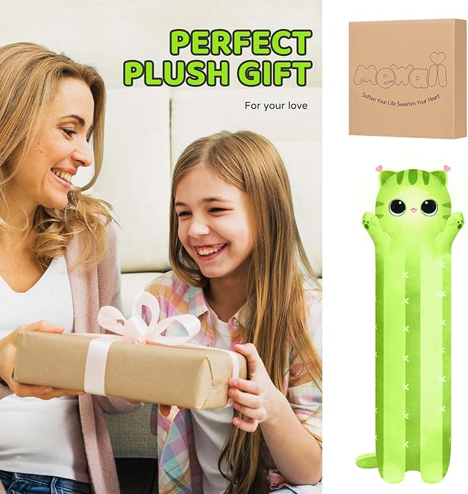 Long Cat Plush Kawaii Kids Plush Toy Pillows, Cute Cat Stuffed Animals Soft Plushies, Kitten Big Plush Toys Throw Body Pillow Doll Gift for Girls Boys (Cactus Cat 44 Inch)