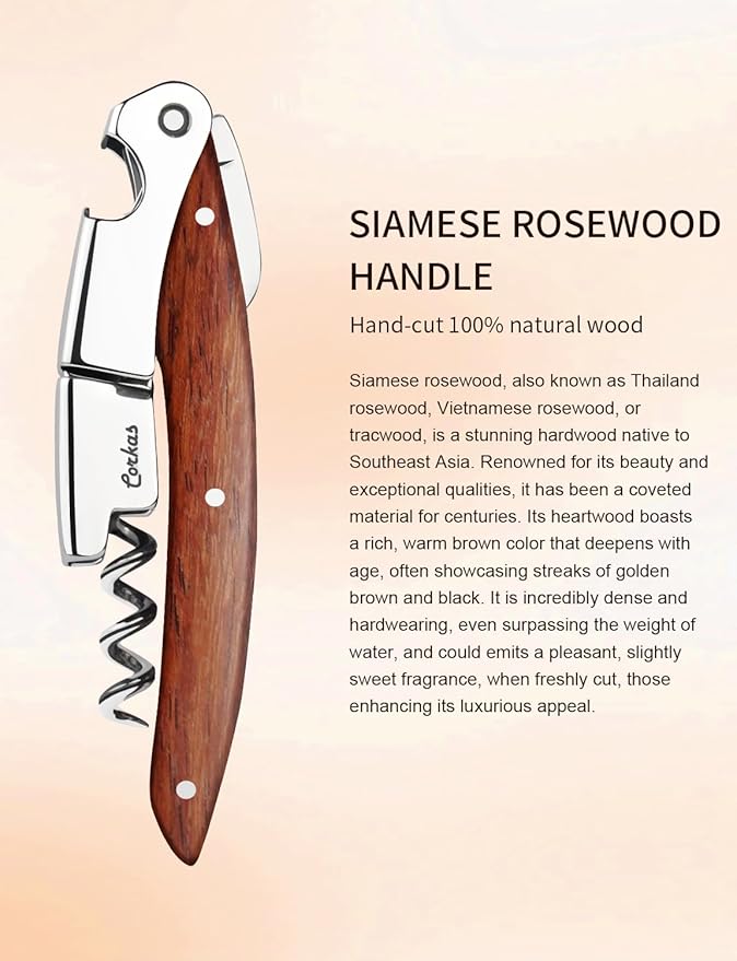 Wine Key - CORKAS Prestige Waiter Corkscrew with Rosewood Handle, Handcrafted Wine Opener Manual with Double Hinged, Foil Cutter and Bottle Opener, Ideal Gifts for Sommelier, Bartenders, Servers