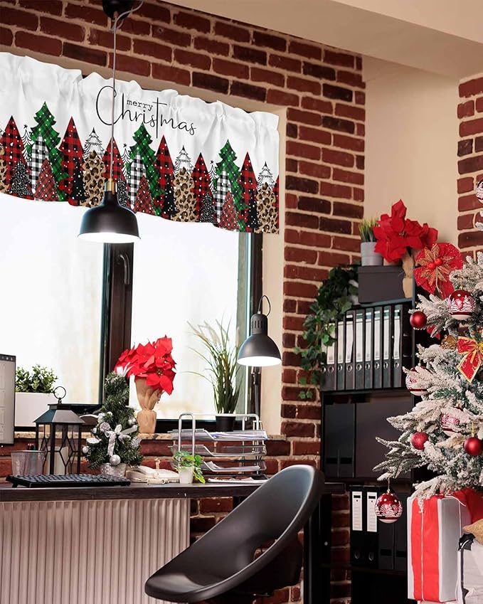 Merry Christmas Valance Curtains for Kitchen Windows Buffalo Plaid Xmas Tree Winter Forest Farmhouse Rod Pocket Window Treatment Toppers for Kitchen/Living Room/Bedroom/Bathroom, 60" X 18",Red Green