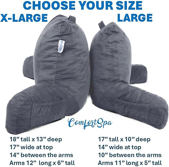 ComfortSpa Reading Pillow for Bed Adult Size, Back Rest Pillow with Arms, Pockets and Washable Cover; Use as a Back Pillow for Bed Sitting Up for Bedrest or Relief from GERD Heartburn (Large Grey)