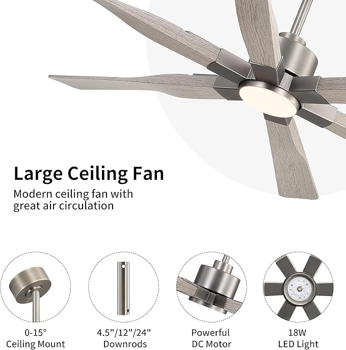 68 Inch Ceiling Fan with Lights and Remote Control, 6 Reversible ABS Blades, 6-Speed Noiseless DC Motor with 4.5" / 12" / 24" Downrods for Bedroom Dining Living Room, Antique Nickel and Gray