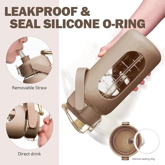 kytffu 42oz Glass Water Bottles with Straw, Motivational Glass Bottle with Silicone Sleeve and Time Marker, Leakproof Large Glass Water Jug for Gym Home Office,Amber