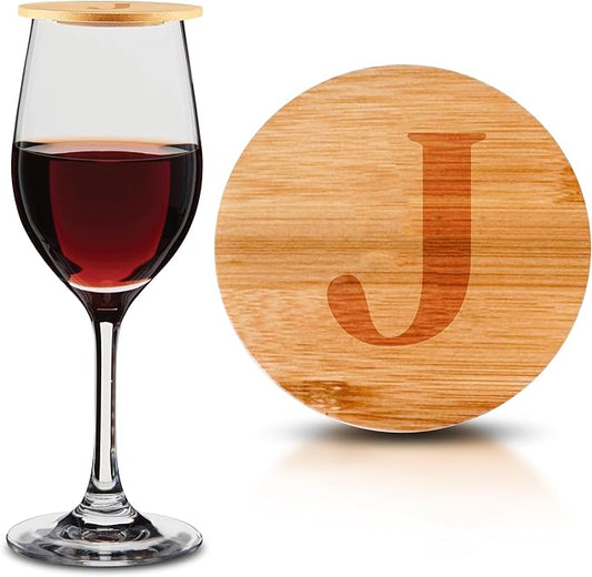 Personalized Wine Glass Charcuterie Topper - Custom Laser Engraved Initial Bamboo Wine Glass Topper Stopper Coasters Plate ID Identification Wine Glass Charcuterie Board Topper (Letter J)