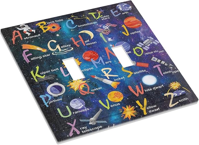 ABC Outer Space Double Toggle Light Switch Cover Decorative Alphabet Galaxy Boys Educational 2 Gang Wall Plate Electrical Faceplate Switchplate for Kidroom Nursery Boyroom Living Room Decor