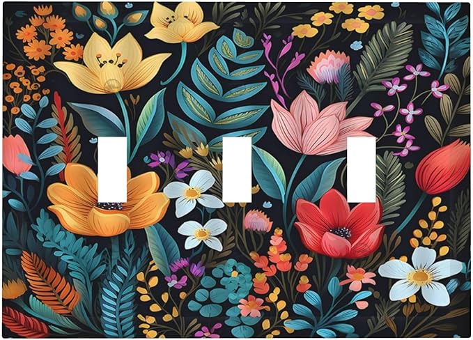 Boho Floral Vintage Flower Leaves Rustic Wildflower Plants 3 Gang Light Switch Covers Triple Toggle Wall Plate Decorative Switchplate Electrical Faceplate for Country Bathroom Bedroom Kitchen Decor