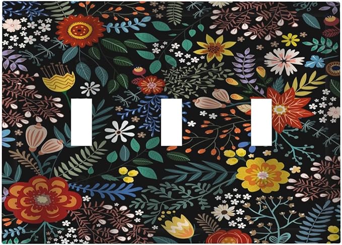 Vintage Colorful Flower Boho Floral Rustic Dark Leaves 3 Gang Light Switch Covers Triple Toggle Wall Plate Decorative Switchplate Electrical Faceplate for Farmhouse Country Bedroom Decor