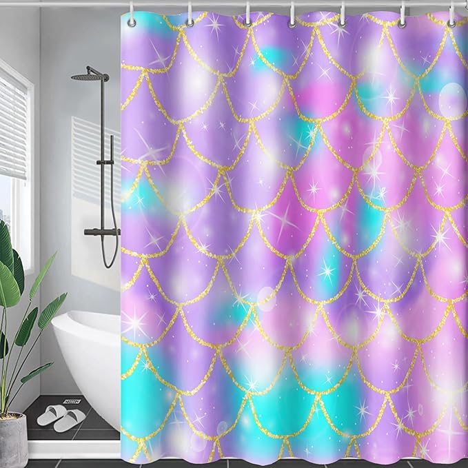 AILONEN Mermaid Scale Shower Curtain,Purple Mermaid Scale Bath Curtain for Girls Bathroom,Polyester Waterproof for Shower with 12 Plastic Hooks 72" W*72" H