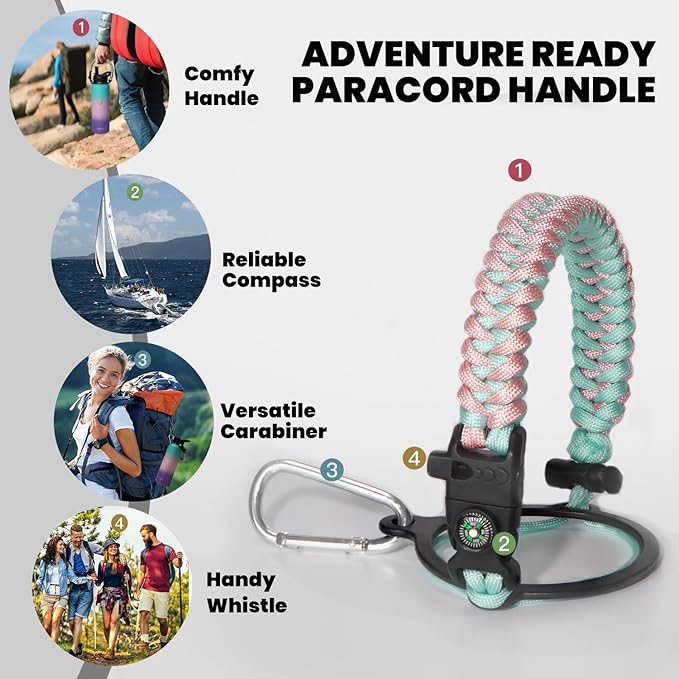 Insulated Water Bottle 40 oz, Triple Wall Vacuum Stainless Steel (Cold for 48 Hrs), Leak Proof & BPA-Free, Modern Water Flask Jug with Paracord Handle & Straw Spout Lids, Hydrangea