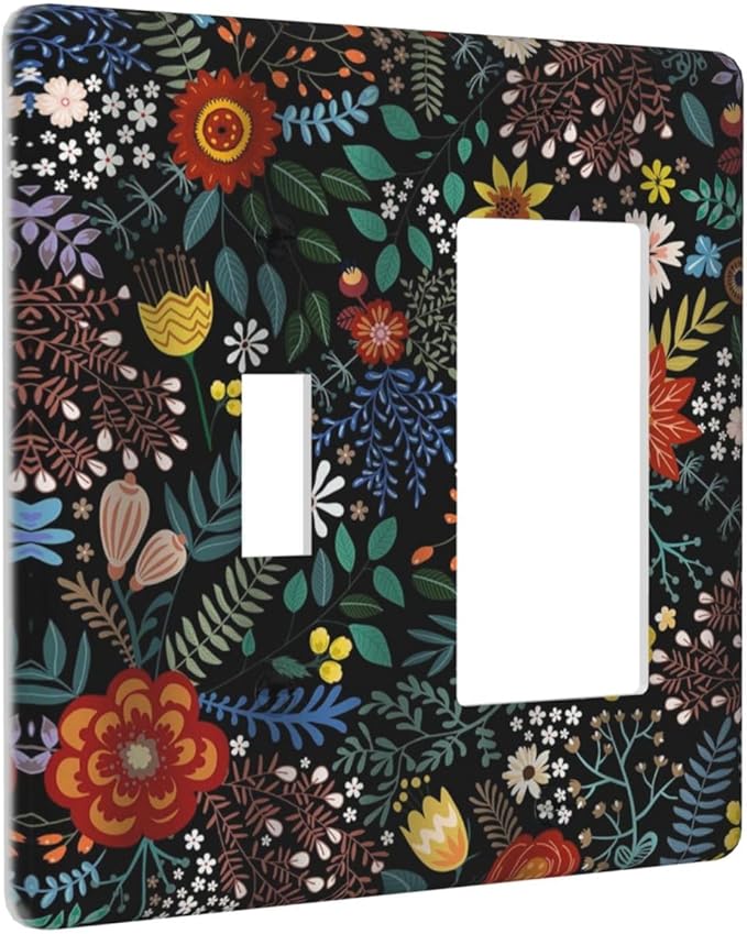 Vintage Colorful Flower Boho Floral Rustic Dark Leaves 2 Gang Single Toggle Rocker Combination Light Switch Covers Wall Plate Cover Electrical Faceplate Decorative Switchplate for Farmhouse Bedroom
