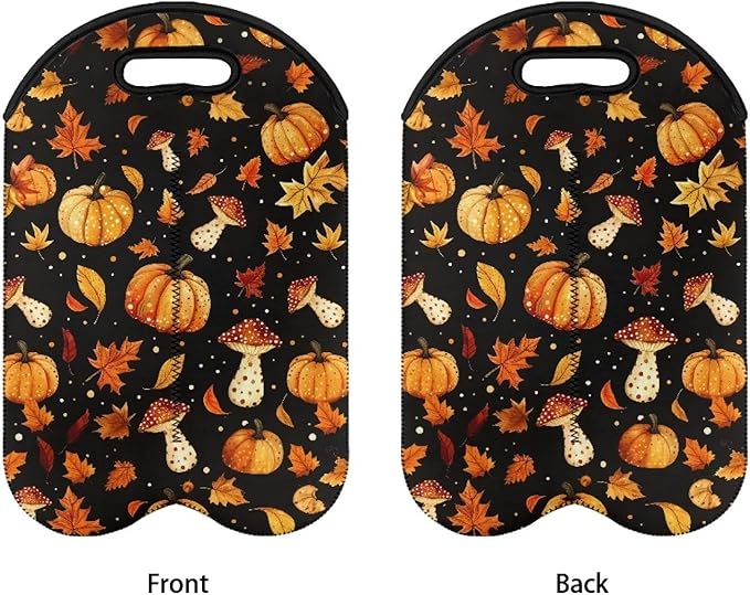 doginthehole 2 Bottle Wine Bag Tote Bag, Fall Maple Leaf Pumpkin Mushroom Neoprene Wine Carrier Tote Bag, Wine Bag for Wine Bottle, Beer Bottle and Water Bottle, Thanksgiving Day Decorations