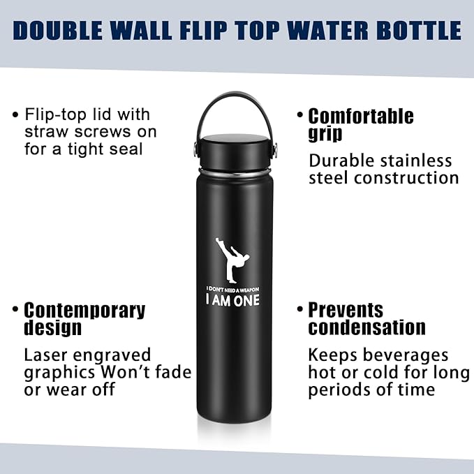 Layhit 3 Pcs Karate Gifts for Boy Girl Include Large Martial Art Duffel Bag 24 oz Stainless Steel Sport Water Bottle Karate Keychain Taekwondo Gifts for Sport Active Athletes Gym Back to School