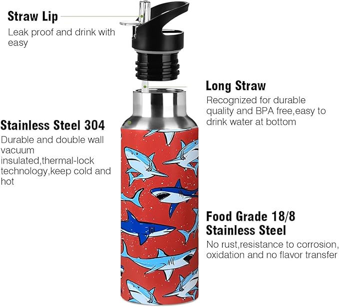 Cute Shark Sport Water Bottle with Straw, Vacuum Insulated Stainless Steel Thermal Drinking Travel Mug Cups For Gym Fitness Camping-17oz/500ml
