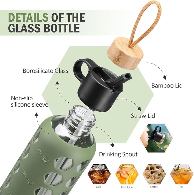 MUKOKO Glass Water Bottles, 32oz Glass Tumbler, Drinking Bottles with 2 Lids-Handle Flip Straw Lid&Bamboo Lid, Motivational Water Bottle with Time Marker and Silicone Sleeve, Leakproof-1 Pack-Olive