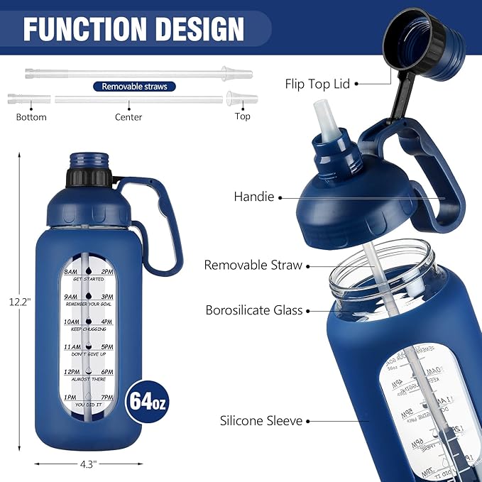 MUKOKO 64oz Glass Water Bottles with Straw, Half Gallon Water Bottle with Time Marker, Motivational Water Bottle with Silicone Sleeves,Large Glass Water Bottle for Gym,Working,Outdoor,Klein