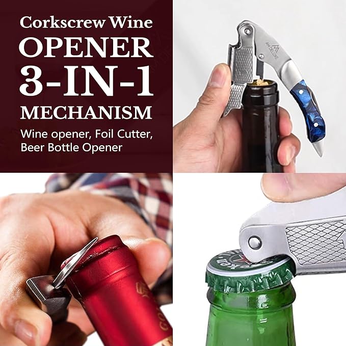 Premium AM DELUXE Waiters Corkscrew Wine Opener - Wine Key For Servers Bartenders, Heavy Duty Stainless Steel & Resin Inlay, Serrated Foil Cutter, Cork Screw Wine Bottle Opener. Magnetic Gift Box