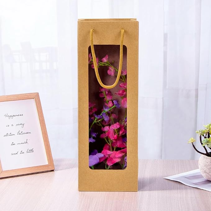 Ssyuysto 12 Pcs Wine Gift Bag with Window, 12 Pack 4.9"x3.34"x 14.1" Tall Paper Wine Bags for Wine Bottle, Brown Gift Bag for New Year Birthday Housewarming Dinner Party