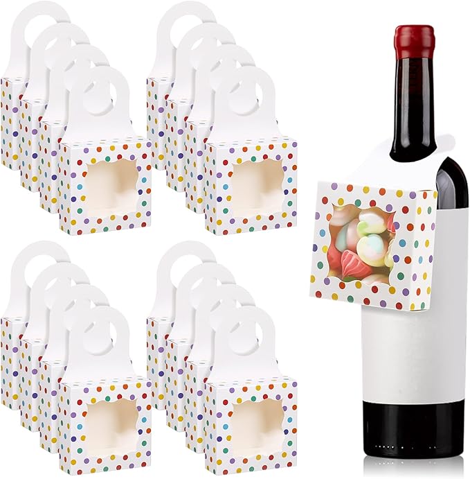 ISKYBOB 20PCS Wine Bottle Box with Window, Kraft Paper Wine Boxes for Gifts Hanging Treat Box Mini Charcuterie Candy Boxes Wine Champagne Bottles Gift Box Goodie Bags for Birthday Party, Colorful Dots