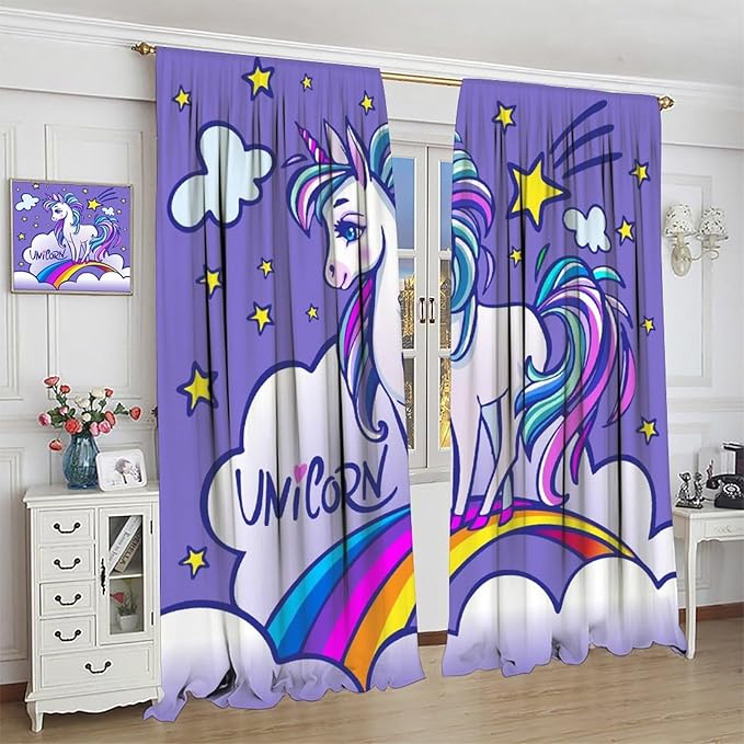 Kids Unicorn Curtains Purple Cartoon Rainbow Cartoon Room Blackout Curtains Boys Girls Baby Room Decor Curtains Living Room Decor 52x84 Inch 2 Panels