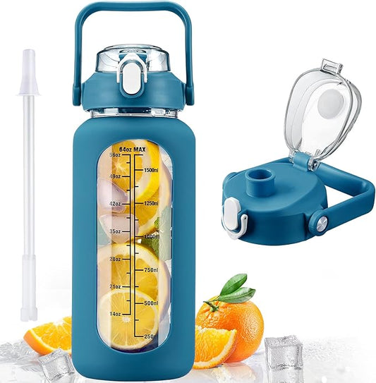 kytffu 64oz Glass Water Bottles with Straw, Half Gallon Motivational Glass Bottle with Silicone Sleeve and Time Marker, 2L Leakproof Large Glass Water Jug for Gym Home Office,Iron Blue