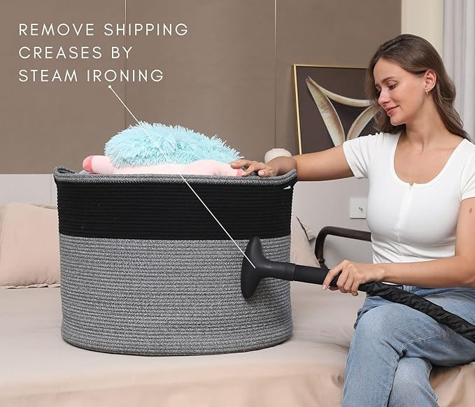 24" x 24" x 17" Max Size Large Cotton Rope Basket, Extra Large Storage Basket, Woven Laundry Hamper, Cloth Storage Bin, for Blankets Clothes Towels Pillows in Living Room, Black in Grey Mix