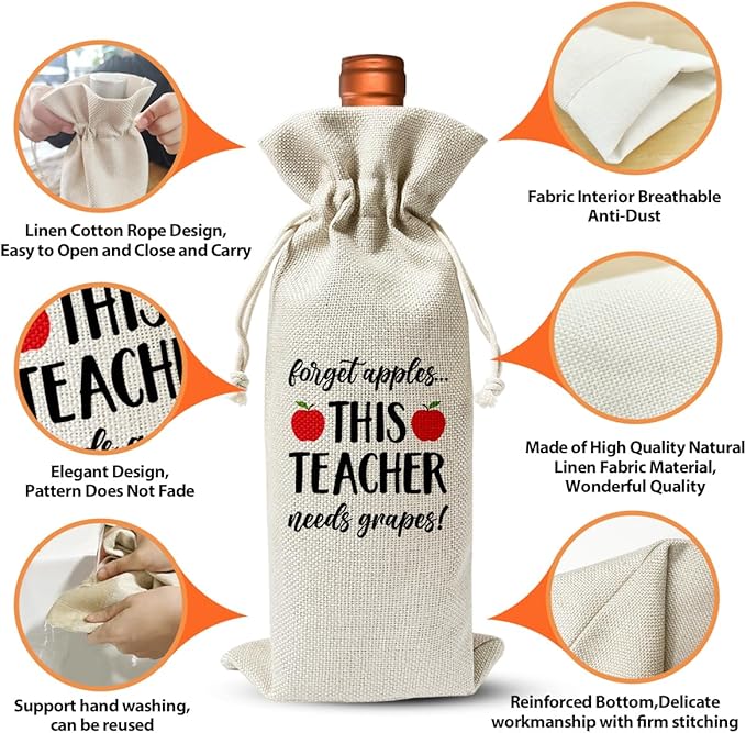Teacher's Day Gift Wine Bag, This Teacher Need Grapes, Back to School Teacher Gift, Thank You Gift Bag For Women, Graduation Party Decor, Best Teacher Retirement Appreciation Day Idea Gift