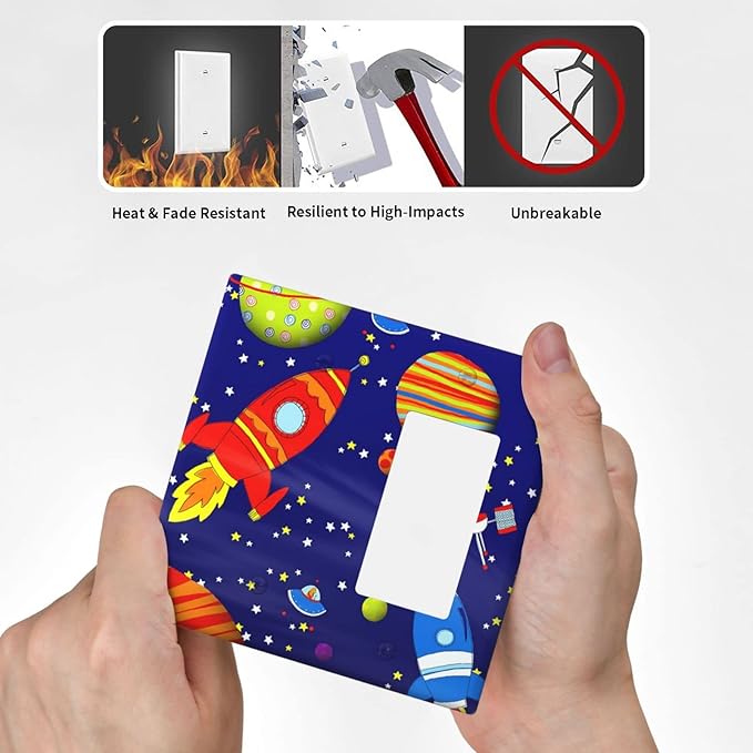 Space Astronaut Combo Single Blank 1 Rocker Light Switch Wall Plate Cover Decorative 2-Gang for Electrical Boys Kids Room Bathroom Bedroom Home Kitchen One Decora Receptacle 4.5" x 4.6"