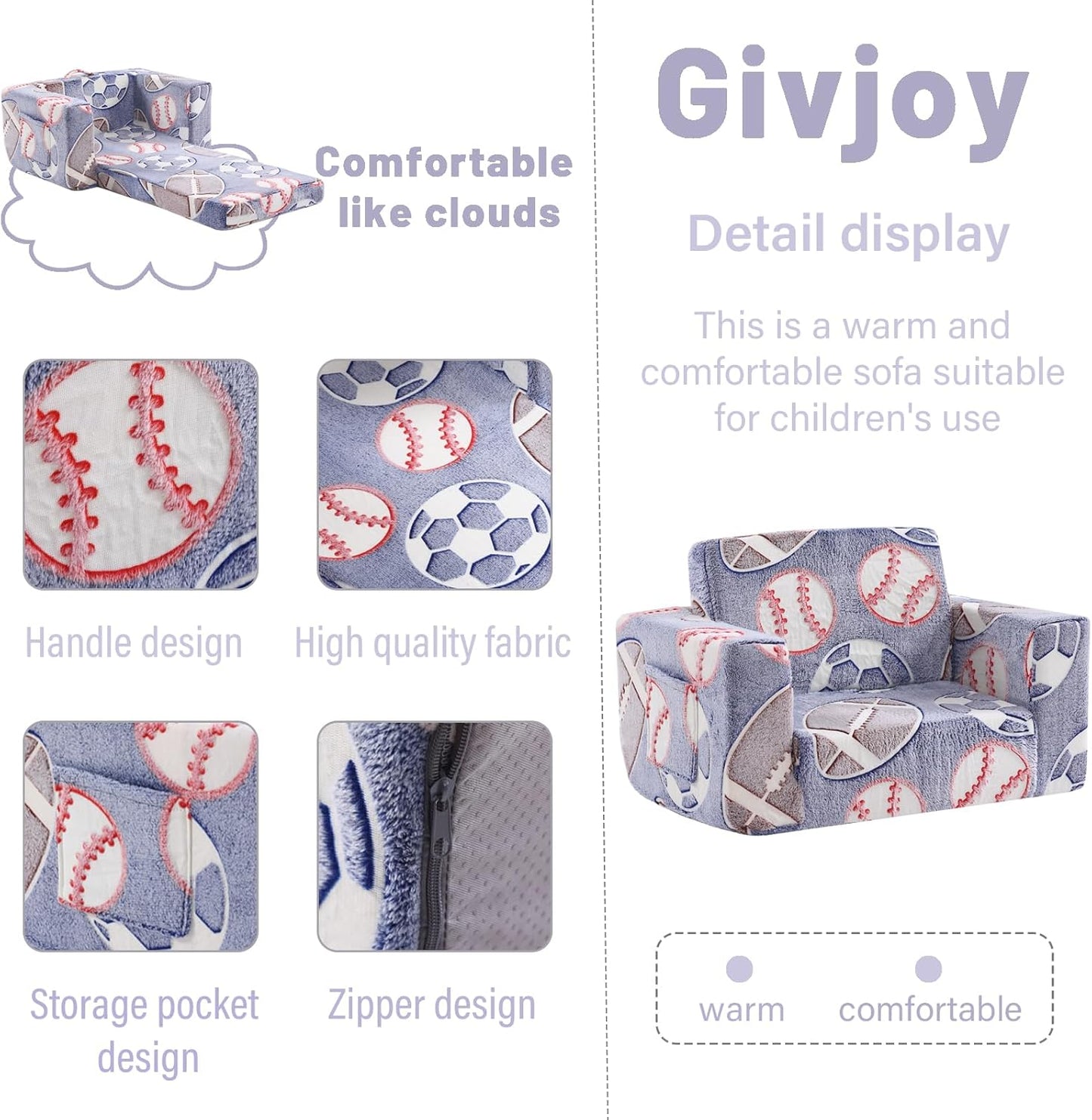 Toddler Chair Kids Couch, 2-in-1 Toddler Soft Sherpa Couch Fold Out Armchair Glow in The Dark with Removable Cover, Convertible Reading Chair Toddler Sofa for Kids, Football