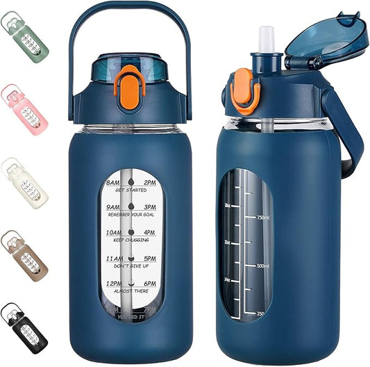 kytffu 42oz Glass Water Bottles with Straw, Motivational Glass Bottle with Silicone Sleeve and Time Marker, Leakproof Large Glass Water Jug for Gym Home Office,Blue